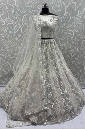 Lehenga choli blanc cassé en filet avec de lourdes paillettes LC8658