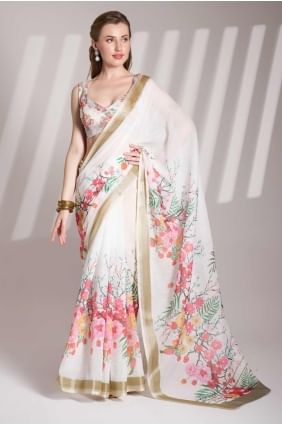 Sari en lin et dentelle imprimé blanc cassé SR28158