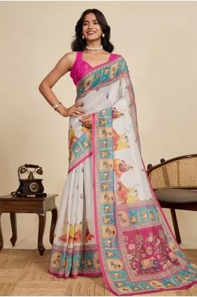 Sari blanc cassé en lin imprimé numérique avec blouse assortie SR28908