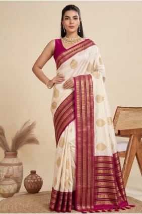 Sari en soie brute Banarasi blanc cassé avec fils Zari SR30153