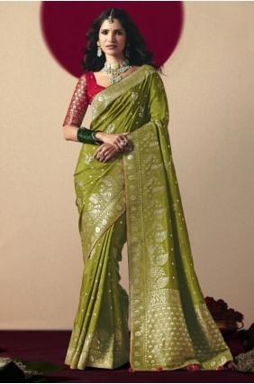 Sari de soirée Bemberg vert olive avec tissage SR28860