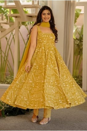 Ensemble Anarkali en mousseline olive imprimée AS4343
