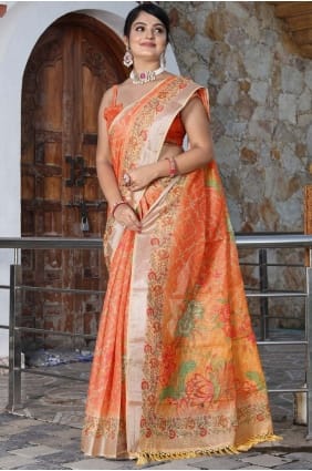 Sari orange imprimé en coton SR29047