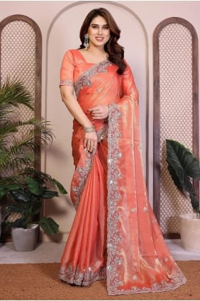 Sari en mousseline brodée orange SR29850