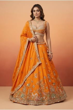 Lehenga Choli en tissu brodé orange LC9180