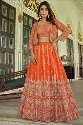 Lehenga Choli en mousseline de soie avec tissage orange LC8607