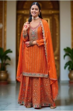 Costume Palazzo tissé en mousseline orange PZ4202