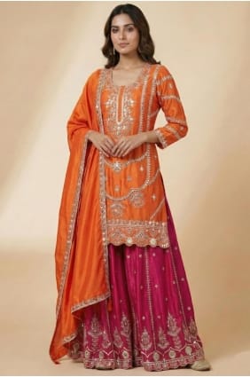 Ensemble Patiala en soie orange avec sequins PZ4266