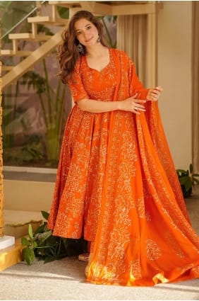 Costume Anarkali en mousseline imprimée orange AS4341