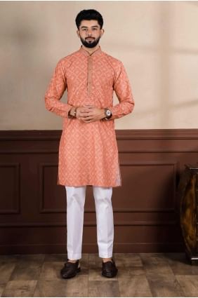 Mélange de coton imprimé orange Hommes Kurta KURR491