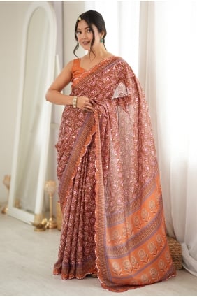 Sari en mousseline de soie Chinon avec imprimé miroir orange SR30277