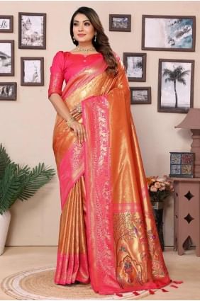 sari orange avec tissage de soie banarasi SR28333