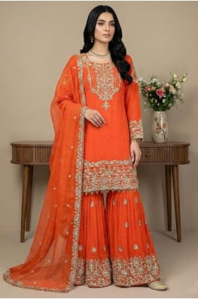 Ensemble Sharara orange avec broderies en georgette synthétique SS1342