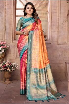 sari en soie banarasi tissé orange SR28366