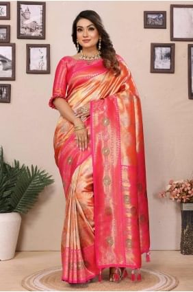 orange weaving sari in banarasi silk SR28252