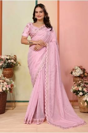 Organza brodé rose Organza Sari SR28688