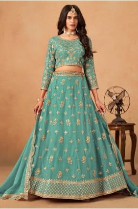 Lehenga Choli vert d'eau en organza avec broderies LC8723