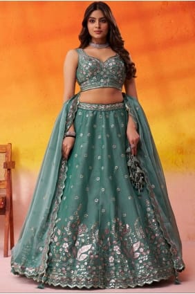 Lehenga Choli en organza vert brodé LC8864