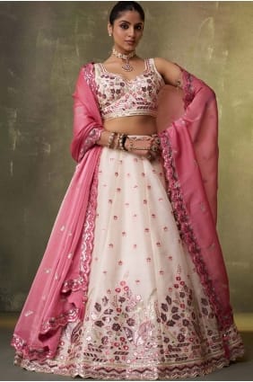 Lehenga Choli en organza brodé couleur crème LC8863
