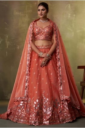 Lehenga Choli en organza brodé couleur rouille LC8865