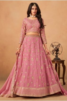 Lehenga Choli en organza rose avec broderies LC8720