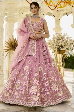 Lehenga Choli rose en organza avec broderies LC8754