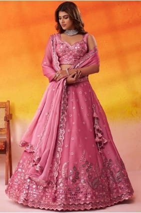 Lehenga Choli rose en organza avec broderies LC8866