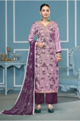 salwar kameez en organza violet avec imprimé SK155352