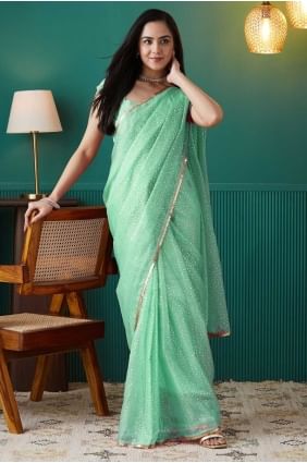 Sari vert avec organza imprimé SR28724