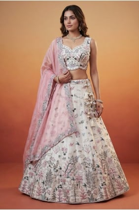 Lehenga Choli blanche en organza avec broderies LC9219