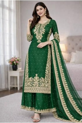 Ensemble palazzo en soie à sequins verte avec dupatta PZ4354