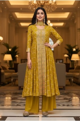 Ensemble palazzo moutarde en jacquard brodé avec dupatta PZ4479