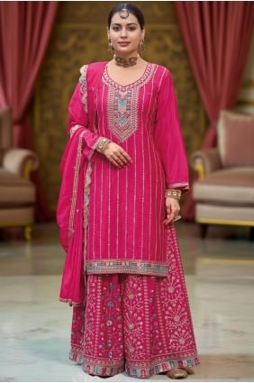 Costume Palazzo rose en mousseline tissée avec Dupatta PZ4203