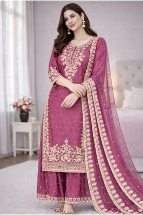 Ensemble palazzo rose en soie à sequins avec dupatta PZ4332