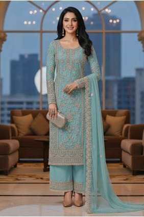 Ensemble palazzo en tulle bleu ciel avec broderies PZ4470