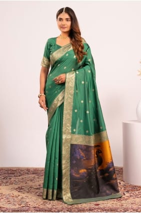 Saree en soie Banarasi vert perroquet avec Resham, zari SR29779