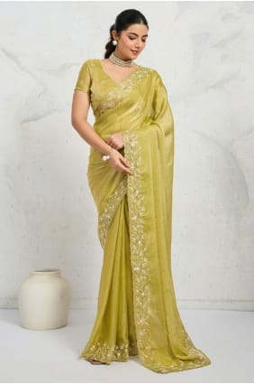 Sari en mousseline de soie vert perroquet, orné de zari et de sequins SR29716
