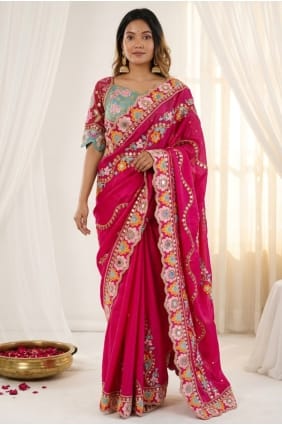 Sari de soirée en soie brodée rose foncé SR30114