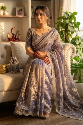 Sari lavande de soirée avec mousseline brodée SR30055