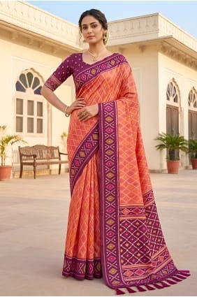 Sari en soie Patola rose carotte avec broderies SR30158