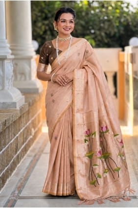Sari brodé pêche en coton SR30135