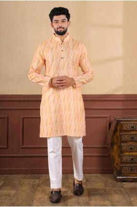 peach digital print linen men kurta KURR482