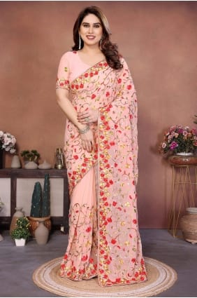 Sari en georgette pêche avec broderies SR29887