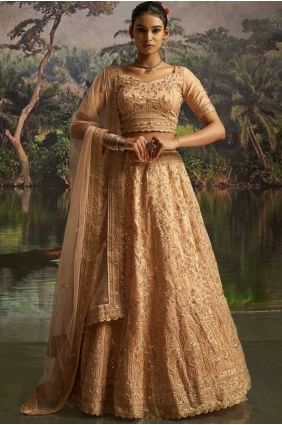 Lehenga choli brodé en filet doux pêche avec dupatta LC8693