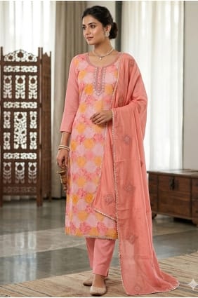 Salwar Kameez en mousseline imprimée couleur pêche avec dupatta SK159115