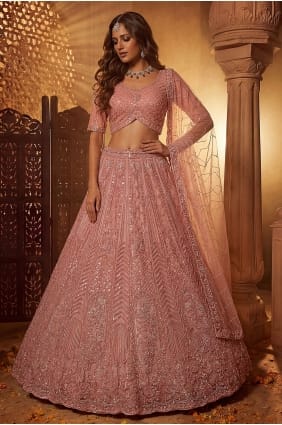 Lehenga Choli en filet brodé couleur pêche avec dupatta LC9038
