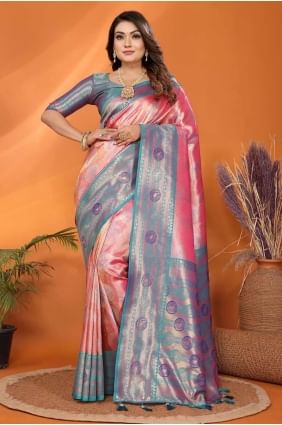 sari pêche avec tissage en soie de Banarasi SR28250