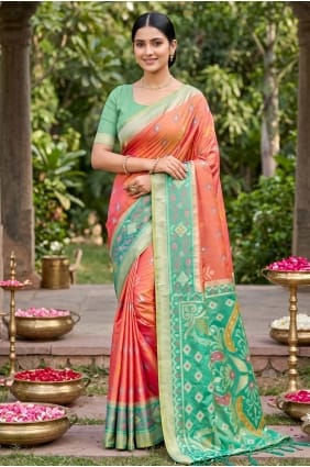 Sari en soie couleur pêche tissé SR29976