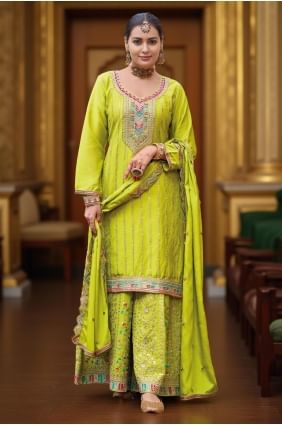 Costume Palazzo en mousseline de soie avec tissage vert perroquet PZ4200