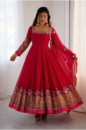Ensemble Anarkali en georgette brodée rose AS4118